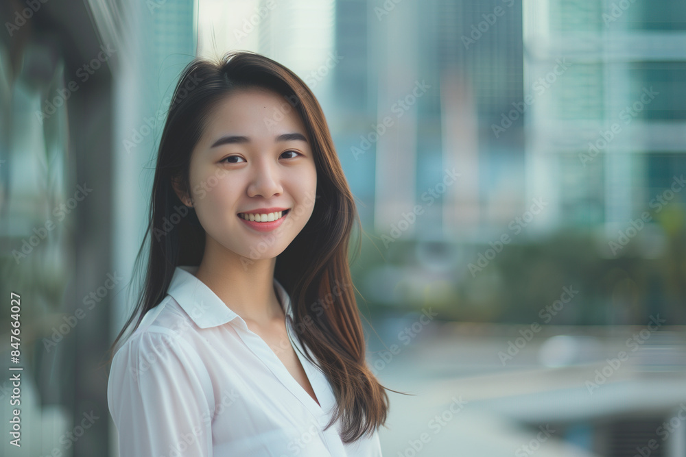 Smiling Asian Office Lady in Office Building Background Smiling Asian Office Lady in Office Building Background