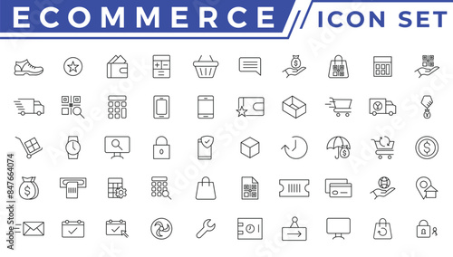 E-commerce icon set. Online shopping and delivery elements. E-business symbol. Solid icons vector collection.