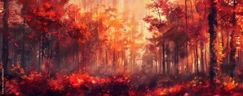 Autumnal forest ablaze with fiery reds, oranges, and yellows, 4K hyperrealistic photo Autumnal forest ablaze with fiery reds, oranges, and yellows, 4K hyperrealistic photo