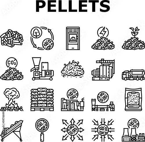 wood pellets timber plywood icons set vector. chip granule, energy fuel, tree panel, biomass pulp, alternative paper, cardboard wood pellets timber plywood black contour illustrations