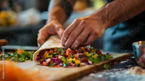 Close-up of Hands Rolling a Filled Pita Wrap