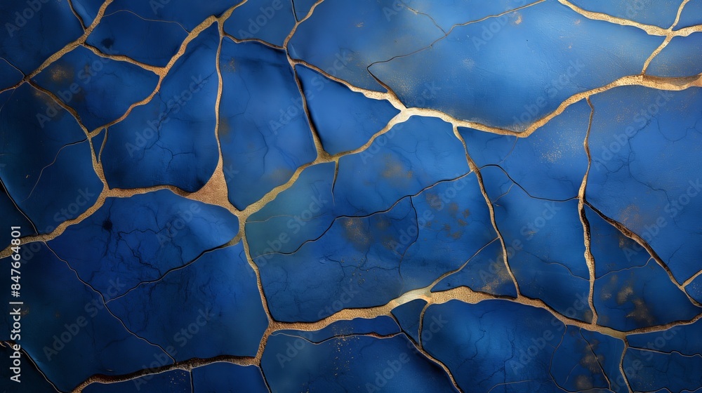 A mesmerizing symphony of golden cracks embraces the deep blue surface, revealing beauty in brokenness and the elegance A mesmerizing symphony of golden cracks embraces the deep blue surface, revealing beauty in brokenness and the elegance