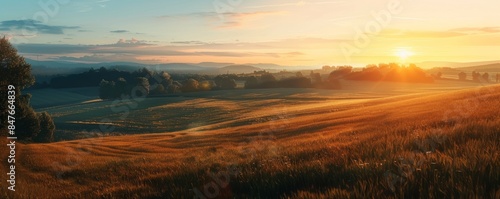 Peaceful rural farmland at sunset, 4K hyperrealistic photo