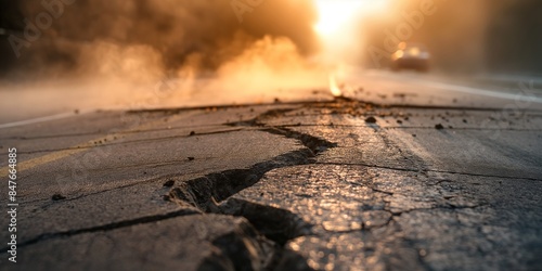 Cracked and damaged road after an earthquake with smoke in the background. Natural disaster aftermath concept. Banner with copy space. © NeuroCake