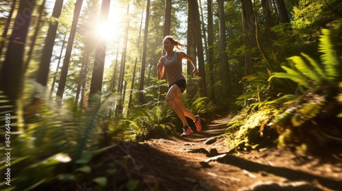 A woman wearing shorts is running through a forest trail surrounded by terrestrial plants, trees, and grass in a natural landscape. AIG41