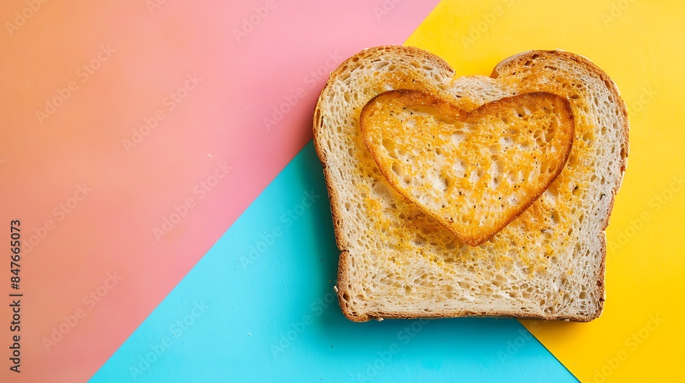 Toast wholegrain bread with heart isolated on colorful background Toast wholegrain bread with heart isolated on colorful background