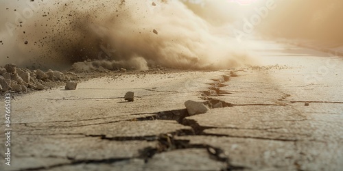 Cracked and damaged road after an earthquake with smoke in the background. Natural disaster aftermath concept. Banner with copy space. photo