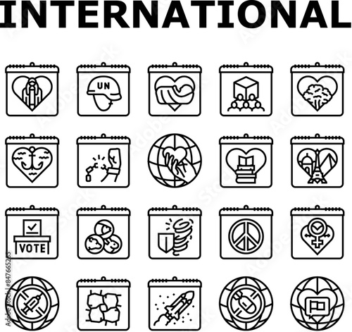 international holiday day icons set vector. girl child, peacekeepers, midwife, cooperatives, forests, seafarer, victims slavery international holiday day black contour illustrations