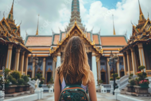 Woman with backpack walks through temple photo