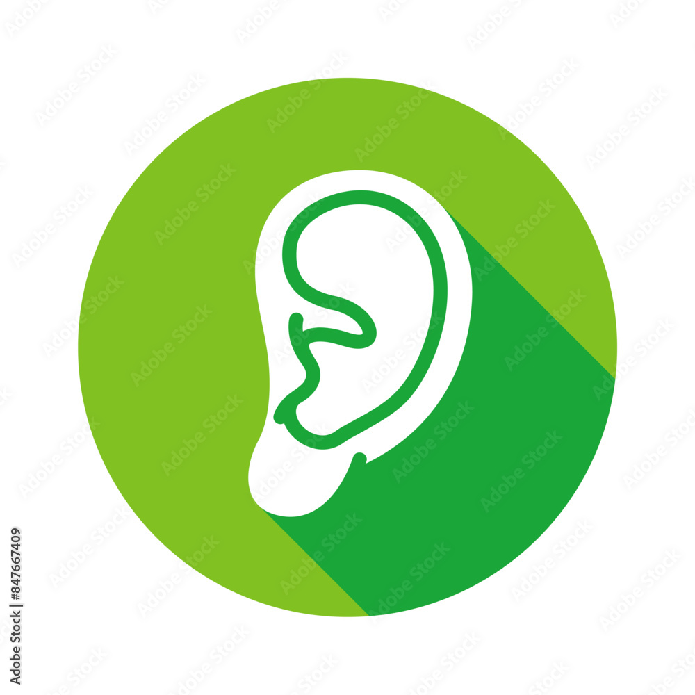 Ear flat icon design, human ear vector image, sense of hearing illustration, green circle icon, flat design with long shadow Ear flat icon design, human ear vector image, sense of hearing illustration, green circle icon, flat design with long shadow