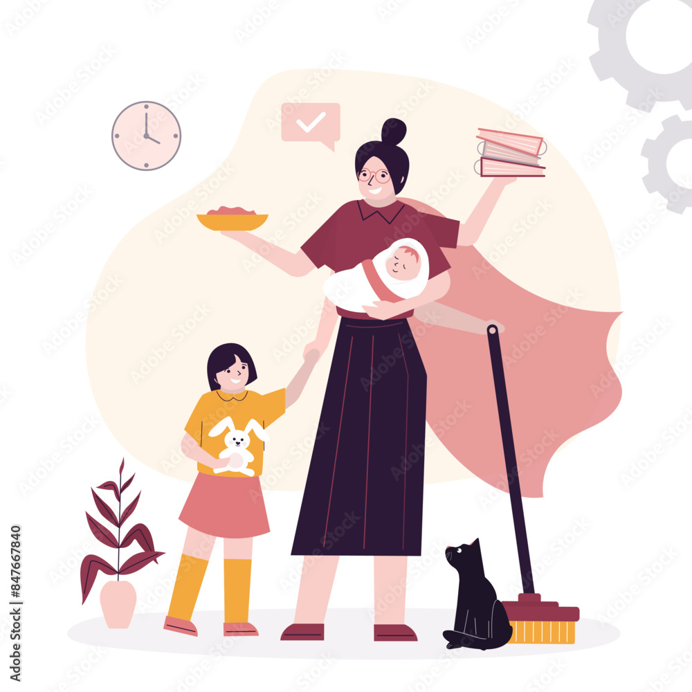 Fototapeta premium Multitasking mother with children and housework. Woman with newborn doing domestic tasks. Multifunctional female character with many hands doing different jobs