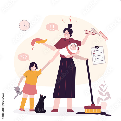 Multitasking mother with children and housework. Woman with newborn doing domestic tasks. Multifunctional female character with many hands doing different jobs
