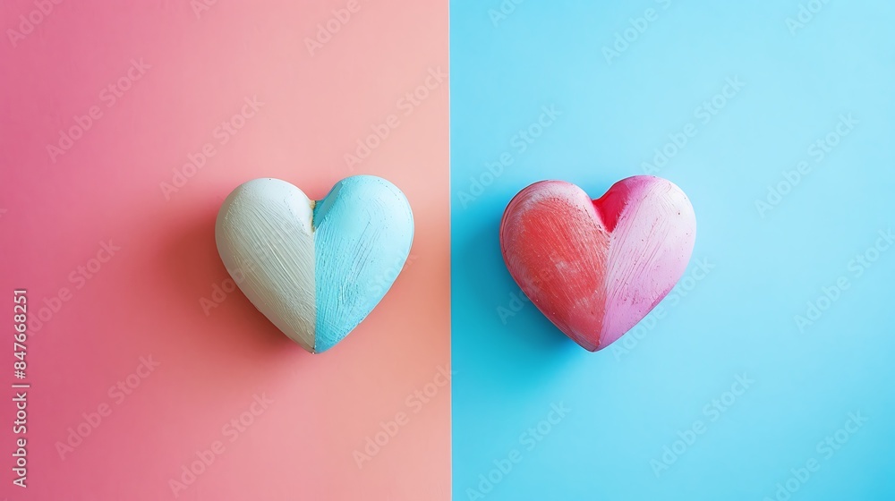 Obraz premium Two heart shapes showing romance concept isolated on colorful background