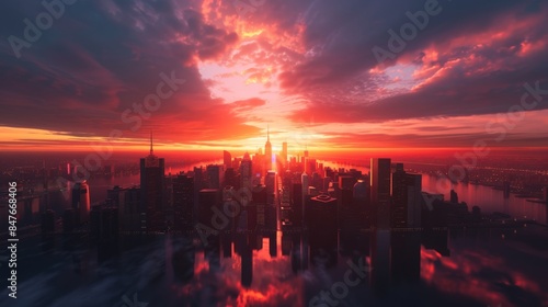 Stunning aerial cityscape of a vibrant metropolitan skyline with a breathtaking sunrise, casting vivid colors across the sky and buildings. © Parintron
