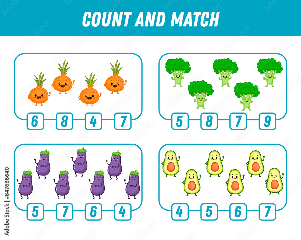 Education game for children count and match of cute cartoon vegetables, printable worksheet. Funny broccoli, onion, eggplant, avocado. Education game for children count and match of cute cartoon vegetables, printable worksheet. Funny broccoli, onion, eggplant, avocado.
