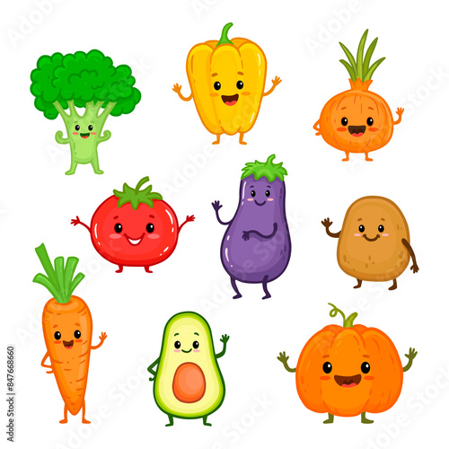 Wallpaper Mural Collection of cartoon vegetable characters. Cute broccoli, potato, carrot, tomato, pepper, eggplant, onion, avocado, pumpkin for kids. Food illustration.  Torontodigital.ca