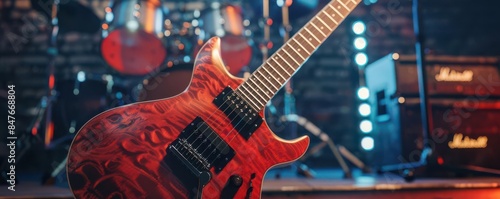 A close-up of the body of an electric guitar. The guitar is red and has a distinctive wood grain pattern. The guitar is in focus and the background is blurred. photo