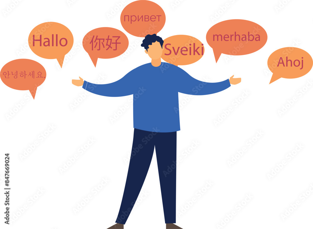 A boy showing different words in different languages. A boy showing different words in different languages.