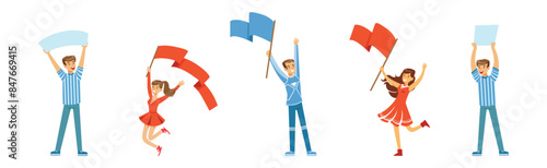 Sport Fan Man and Woman Character with Flag and Banner Vector Set