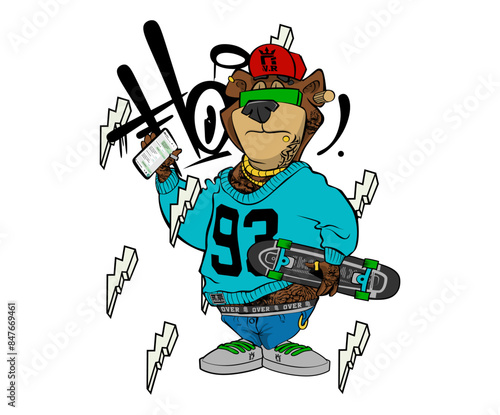 gaming bear on skating  t shirt graphic design vector illustration