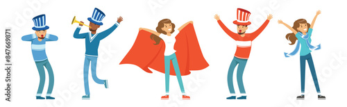 Sport Fan Man and Woman Character at Stadium Vector Set
