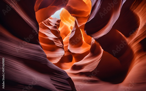 Early morning light on the sandstone formations of Antelope Canyon, Arizona, warm tones, dramatic curves photo