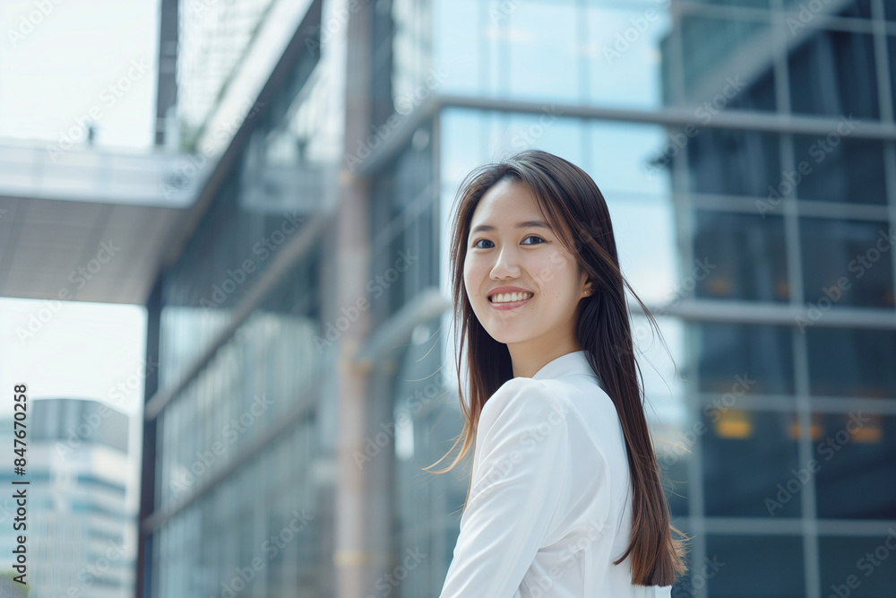 Smiling Asian Office Lady in Office Building Background Smiling Asian Office Lady in Office Building Background