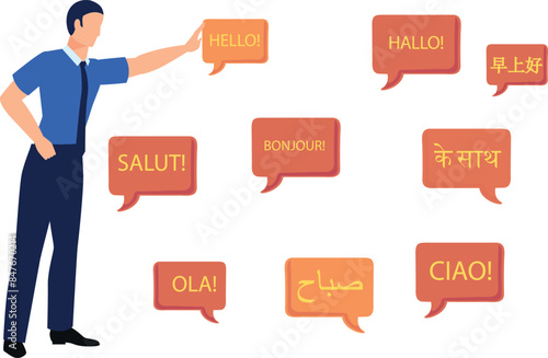 The boy is talking about all the foreign greeting phrases.
