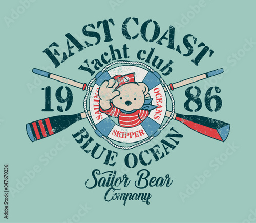 Cute sailor bear skipper kid yacht sailing company grunge cartoon vector print for baby children wear grunge effect in separate layer