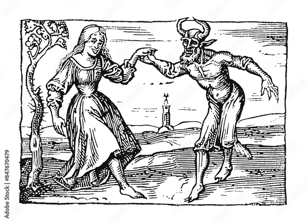 Woodcut illustration of a woman dacing with a demon. Vintage grunge vector design element for artworks, poster, cards, web and collages.
