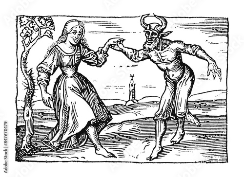Woodcut illustration of a woman dacing with a demon. Vintage grunge vector design element for artworks, poster, cards, web and collages.