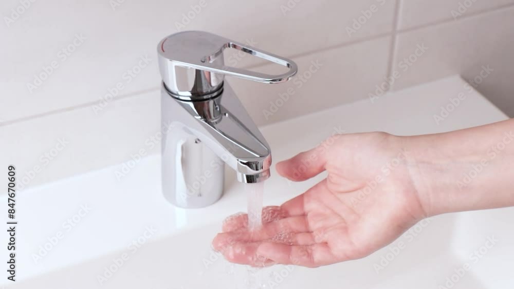 Human's hand tries a water temperature in a water faucet, strong water pressure, tap with clean running water in the modern white bathroom. Skin care concept video Human's hand tries a water temperature in a water faucet, strong water pressure, tap with clean running water in the modern white bathroom. Skin care concept video