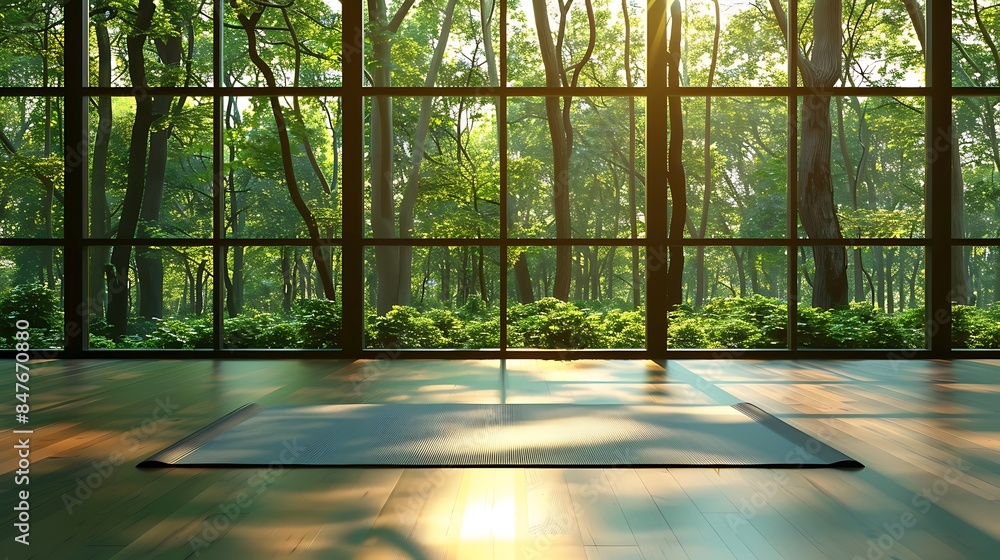 Visualize a yoga mat in a sunlit room with large windows overlooking a forest, perfect for indoor mindfulness and meditation practices Visualize a yoga mat in a sunlit room with large windows overlooking a forest, perfect for indoor mindfulness and meditation practices