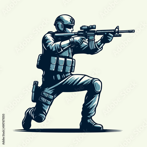 Soldier squat and pointing a gun vector illustration.