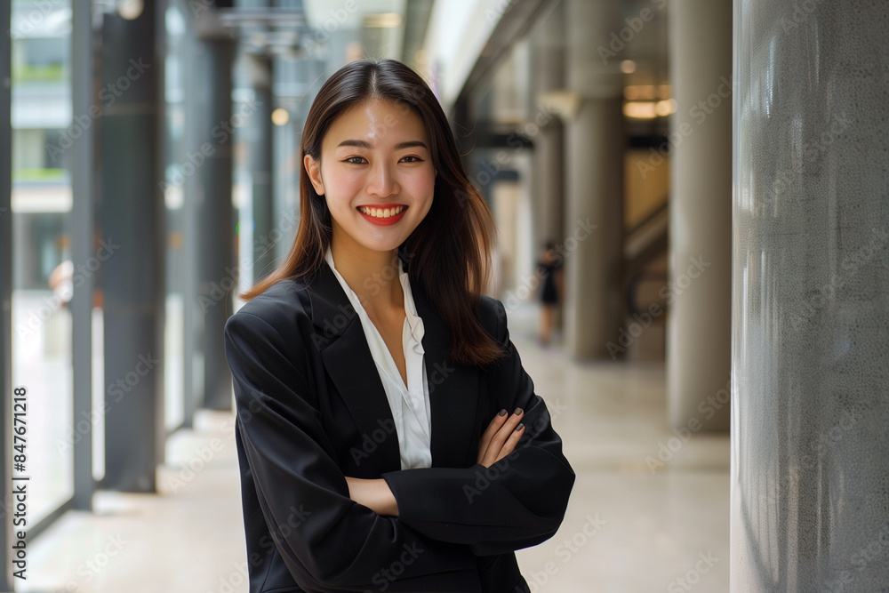 Smiling Asian Office Lady in Office Building Background Smiling Asian Office Lady in Office Building Background