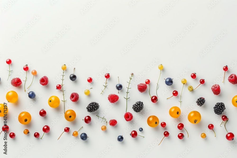 Vibrant fruits and berries flat lay on white background, top view for a colorful display Vibrant fruits and berries flat lay on white background, top view for a colorful display