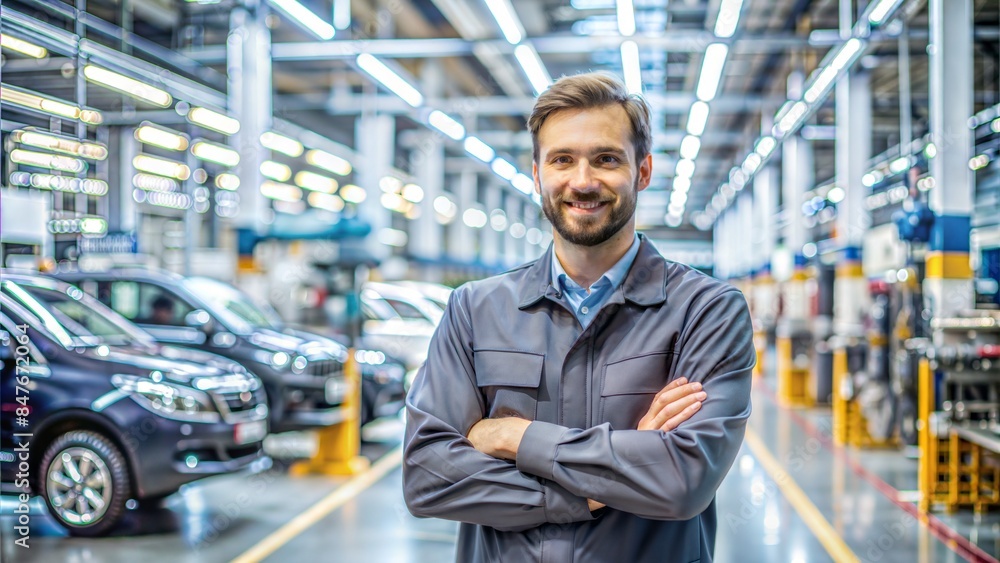 A portrait of an automotive engineer, possibly with vehicles or automotive components in the background, depicting expertise in automotive design and engineering. A portrait of an automotive engineer, possibly with vehicles or automotive components in the background, depicting expertise in automotive design and engineering.