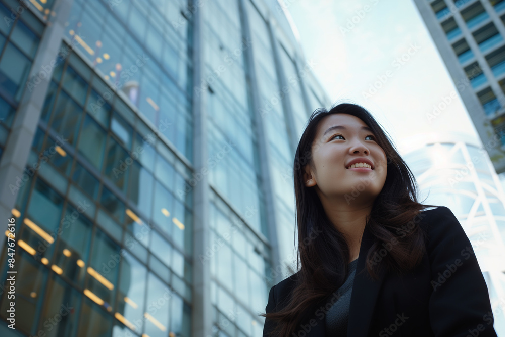 Smiling Asian Office Lady in Office Building Background