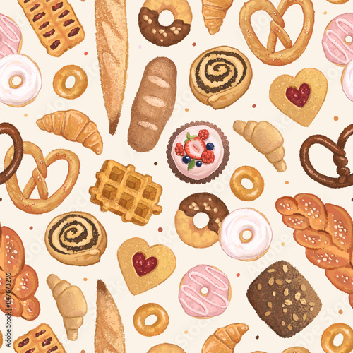 Seamless pattern with bakery products. Bread and dessert. Vector illustration of baguette, croissant, cake, cupcake and donut. Textile, wallpaper, wrapping paper design template