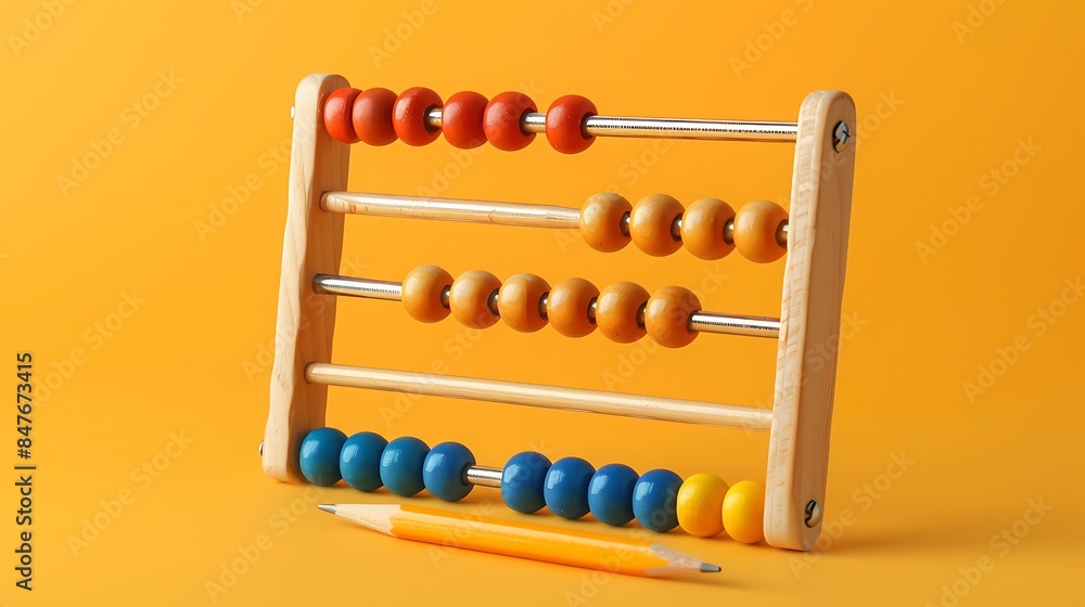 Wooden abacus with pencil isolated on orange background Wooden abacus with pencil isolated on orange background