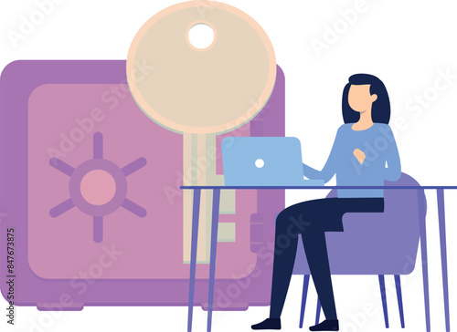 A girl is working on a laptop for a locker.