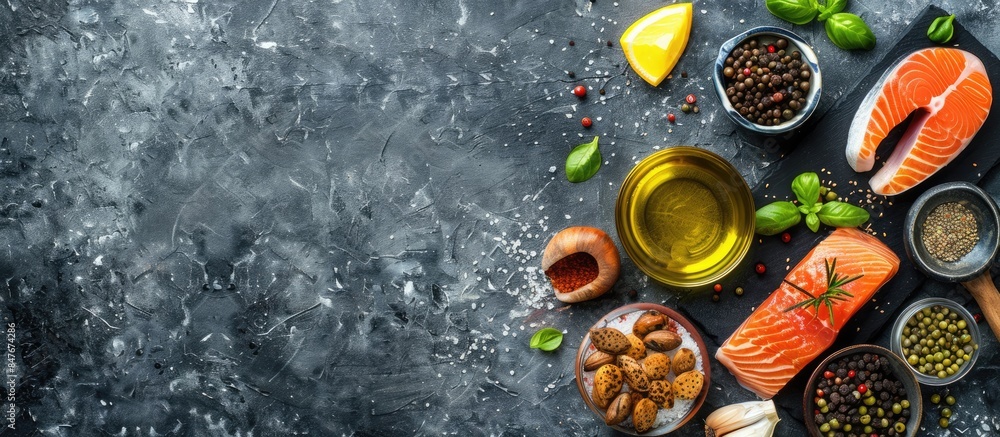 Top view of food sources rich in omega-3 and beneficial fats with space for text. Top view of food sources rich in omega-3 and beneficial fats with space for text.
