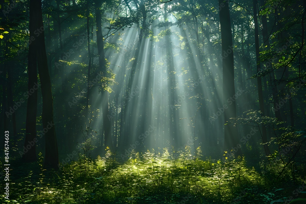 Sunlight Breaking Through Dense Forest Canopy - Nature, Serenity, Greenery, Light Beams Sunlight Breaking Through Dense Forest Canopy - Nature, Serenity, Greenery, Light Beams