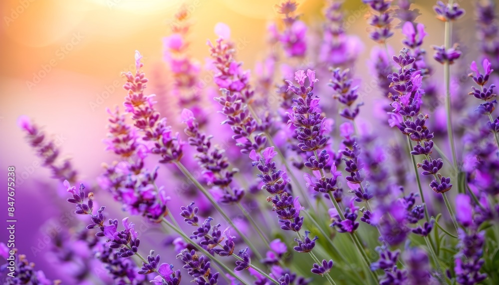Fototapeta premium Breathtaking sunrise over lavender purple field in full bloom under morning light