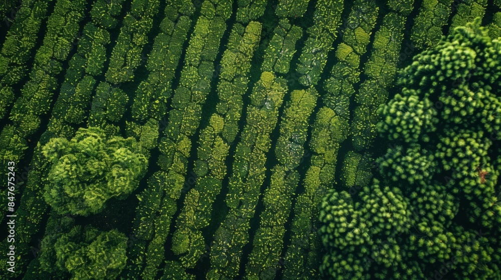 A lush green field with rows of trees and plants A lush green field with rows of trees and plants