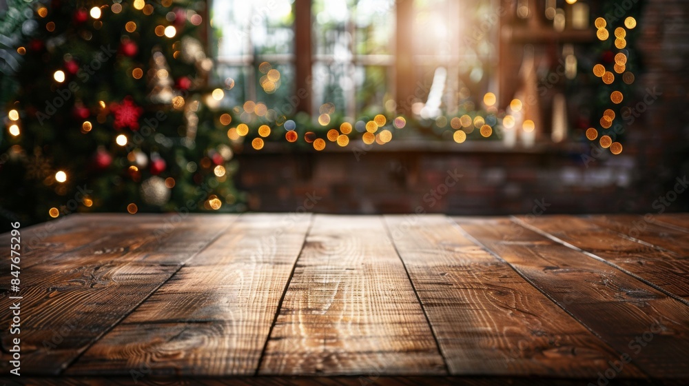 Wooden table, Christmas tree Wooden table, Christmas tree
