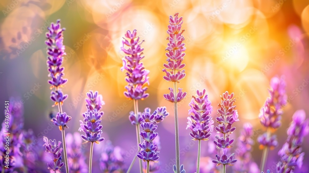 Fototapeta premium Lavender fields painted in stunning purple hues under the enchanting glow of a sunrise
