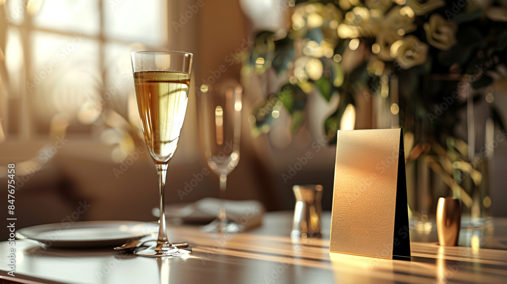 Blank elegant gold card on a luxurious dinner table Blank elegant gold card on a luxurious dinner table