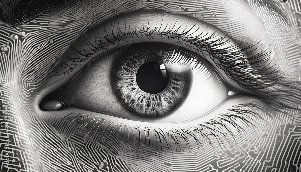Obraz premium An intricate black and white drawing of a detailed eye, capturing the complexity and depth of the human gaze. The fine lines and patterns emphasize the eye's texture and the surrounding lashes. 