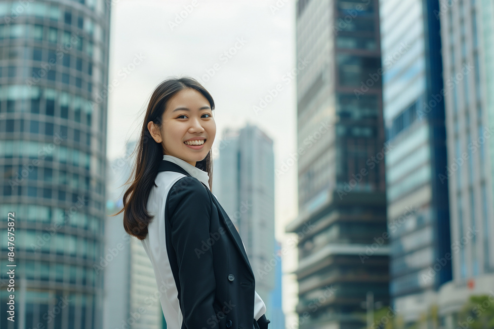 Smiling Asian Businesswoman in Office Building Background